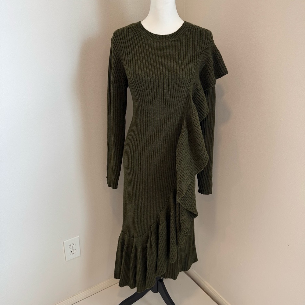 J. Crew Collection FLAW Wool Ruffle Sweater Midi Dress Ribbed Knit Long Sleeve L